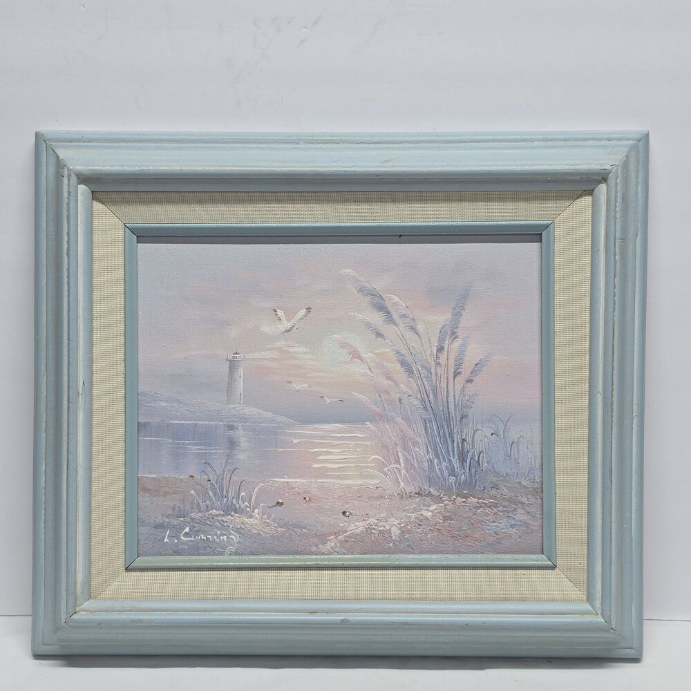 Vintage Lighthouse Coastal Beach Pastel Scene Oil Painting In Blue Pink Signed